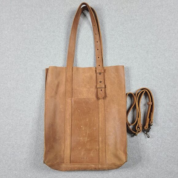 ABLE Handbags - Able Brown Genuine Leather North South Tote Bag With Long Strap
